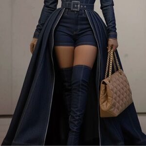 High-Waisted Zippered Denim Maxi Skirt-Blue